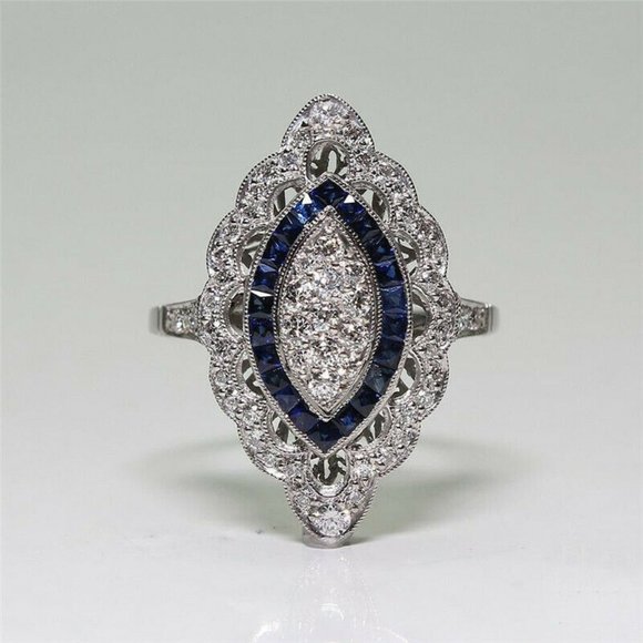 Lirrio's Closet Jewelry - Art Deco Blue & Silver Marquise Ring Size 8 NWT